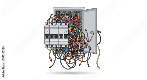 Chaotic electrical box with messy tangled wires and circuit breakers