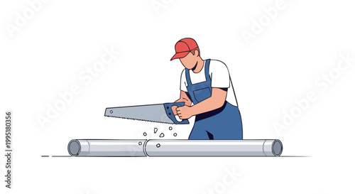 Plumber in overalls cutting gray pipe with handsaw. Vector illustration