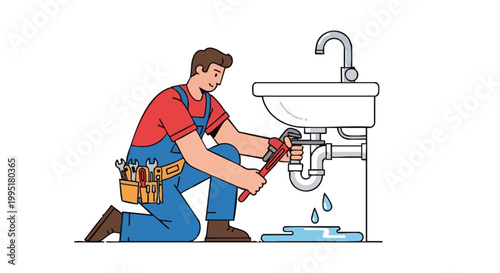 Plumber in overalls fixing leaking sink pipe with wrench. Vector illustration of handyman at work on black background