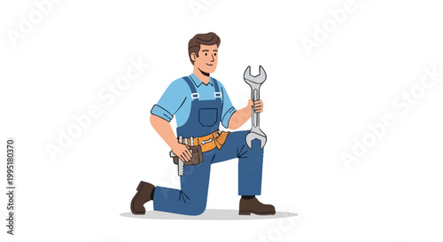 Kneeling plumber character in blue overalls holding large wrench