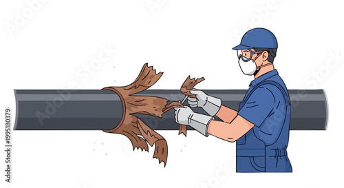 Industrial worker in uniform removing old pipe insulation. Vector illustration of maintenance and repair