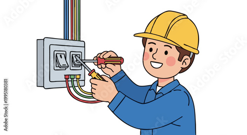 Smiling electrician cartoon character wiring power switch