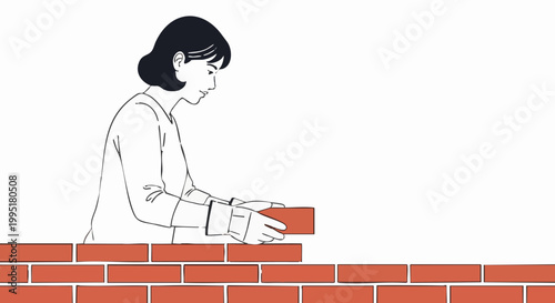 Woman laying bricks building wall. Minimalist line art illustration of construction concept