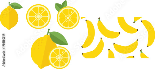Lemon and banana vector illustration set with fresh citrus slices and tropical fruits, bright summer food elements collection isolated on white background