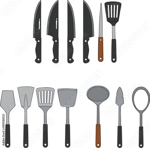 Kitchen utensils set with knives spatulas forks tongs and cooking tools for culinary equipment vector illustration collection design