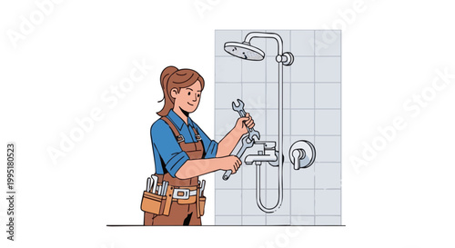 Woman plumber fixing shower faucet with wrench cartoon vector illustration