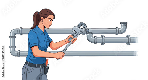 Woman plumber using pipe wrench to tighten pipes vector illustration