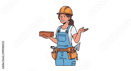 Smiling female construction worker in hard hat holding brick vector illustration