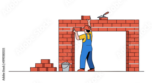 Construction worker laying bricks. Mason building red brick wall with trowel and mortar. Vector illustration