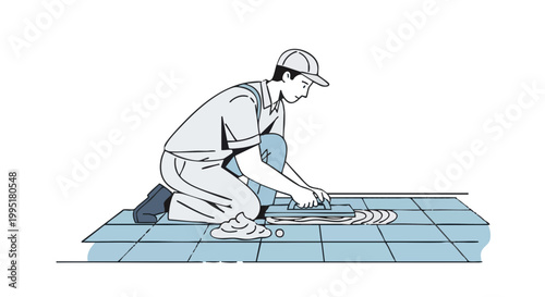 Construction worker grouting floor tiles. Minimalist vector illustration
