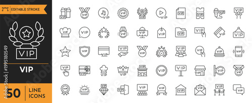 VIP outline icon set. Containing vip card, exclusive, diamond, vip pass, red carpet, vip customer, vip service and more. Editable stroke. Vector illustration