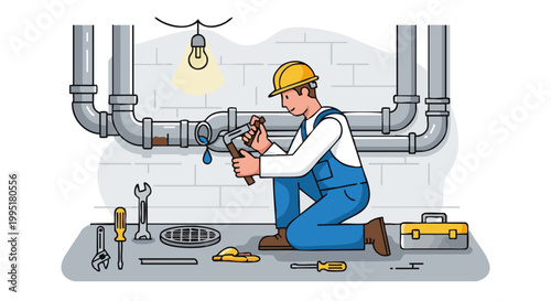 Plumber fixing leaking pipe in basement. Male worker in uniform with tools repairing plumbing system. Vector illustration