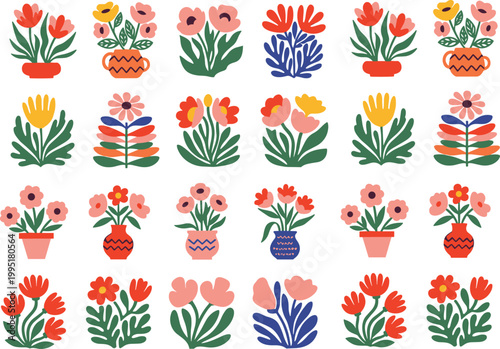 Colorful abstract flowers collection with decorative floral plants and vases, modern flat vector illustration set for pattern, textile, and graphic design