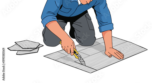 Worker cutting linoleum flooring tile with utility knife. Illustration of home improvement and renovation