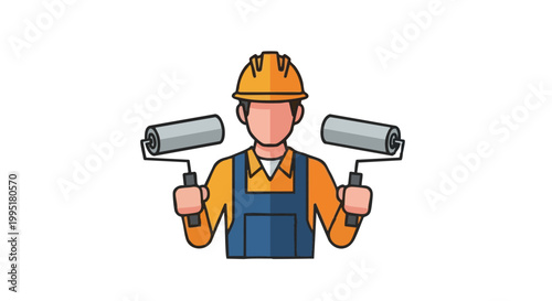 Vector illustration of painter in hard hat and overalls holding two paint rollers, ready for renovation