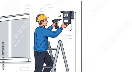 Electrician with drill installing motion sensor on building wall illustration