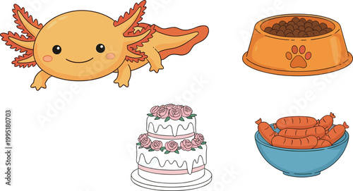 Cute axolotl, pet food bowl, cake and sausages collection, mixed cartoon vector illustration set for animals, food and lifestyle design
