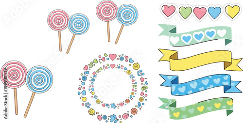 Cute candy and ribbon vector illustration set with lollipops, hearts and decorative banners, colorful sweet elements collection isolated on white background