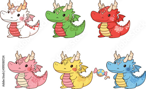 Cute dragon cartoon vector illustration set with colorful baby dragons, fantasy creatures collection isolated on white background