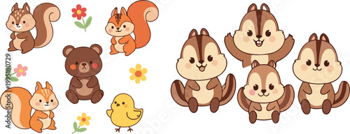 Cute forest animals cartoon vector illustration set with squirrels, bear and chick, playful woodland characters and flowers isolated on white background