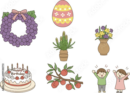 Cute festive elements vector illustration set with wreath, cake, flowers and Easter egg, celebration decorations and kids characters isolated on white background