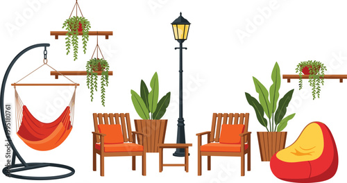 Vector Illustration of Outdoor Patio Seating Area with Chairs, Hammock, Bean Bag, Plants, Hanging Planters, and Street Lamp for Garden, Relaxation, Lifestyle, and Digital Designs