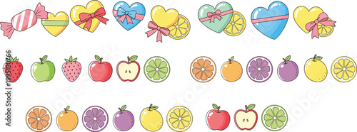 Cute hearts and fruits vector illustration set with candy, apples, citrus slices and strawberries, colorful sweet elements collection isolated on white background