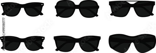 Vector Illustration of Six Black Sunglasses with Different Frame Styles for Fashion, Summer Accessories, Eyewear, Outdoor Lifestyle, and Digital Designs