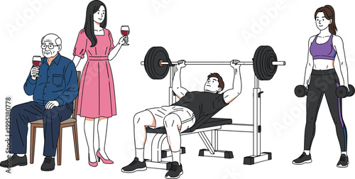 Vector Illustration of People Enjoying Leisure and Fitness Activities Including Wine Tasting, Bench Press, and Dumbbell Exercise for Lifestyle, Health, Fitness, and Digital Designs