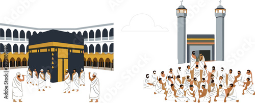 Hajj pilgrimage vector illustration with Kaaba and Muslim pilgrims performing rituals, Islamic worship scenes in Mecca, religious gathering isolated on white background