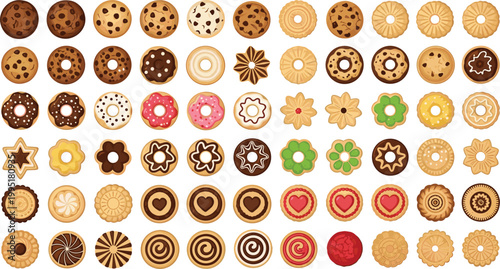 Assorted cookies vector illustration set with chocolate chip, glazed and decorative biscuits, sweet bakery collection with various shapes isolated on white background
