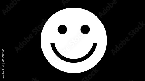 Simple white smiley face icon on black background expressing happiness, positivity, and good mood. Joyful graphic symbol.