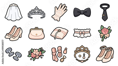 A collection of wedding accessories for a bride and groom, including a veil, tiara, shoes, bouquet, cufflinks, and bow tie.