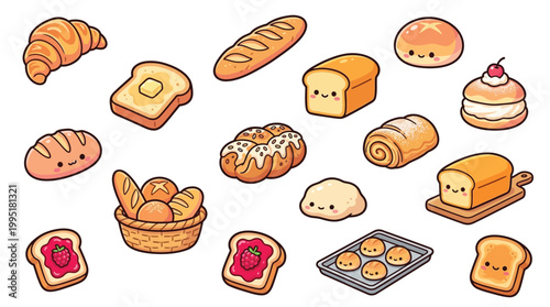 A delightful collection of kawaii-style baked goods, including croissants, bread loaves, toast, and pastries, all with adorable smiling faces.