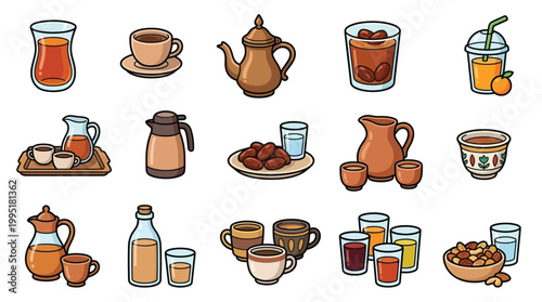 A collection of various beverages and related items, including coffee, tea, juice, and water, presented in different containers and settings.
