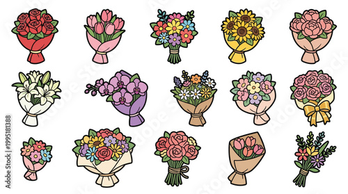 A vibrant collection of diverse floral arrangements, showcasing a variety of blooms and presentation styles.