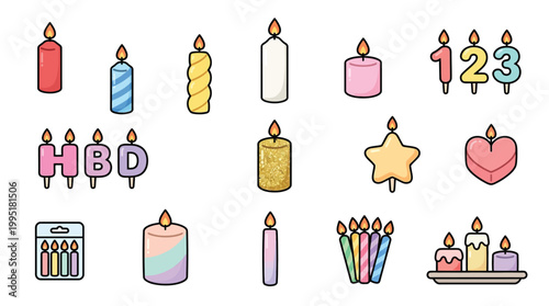 A collection of various birthday candles, including numbered candles, lettered candles, and decorative shapes, all lit with a flame.