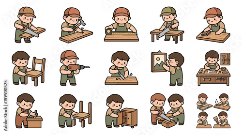 A charming collection of 15 cartoon illustrations depicting various woodworking activities and professions, showcasing carpenters at work with tools and materials.