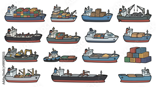 A collection of various cargo ships and vessels, including container ships, tankers, and tugboats, illustrating maritime logistics and global trade.