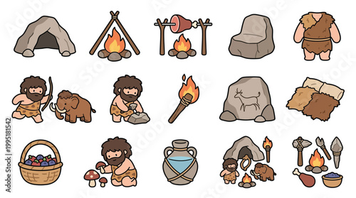 A collection of cartoon illustrations depicting various aspects of prehistoric life, including shelters, tools, food, and early humans with mammoths.