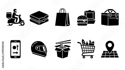 Food delivery action urban environment icon graphics fast-paced lifestyle digital concept