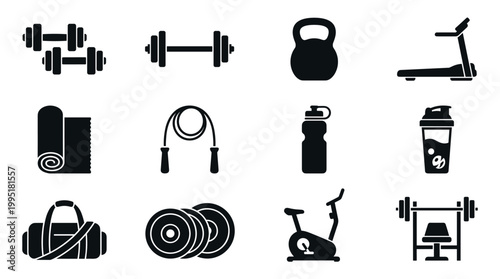 Fitness equipment workout essentials gym icon collection health overhead active lifestyle