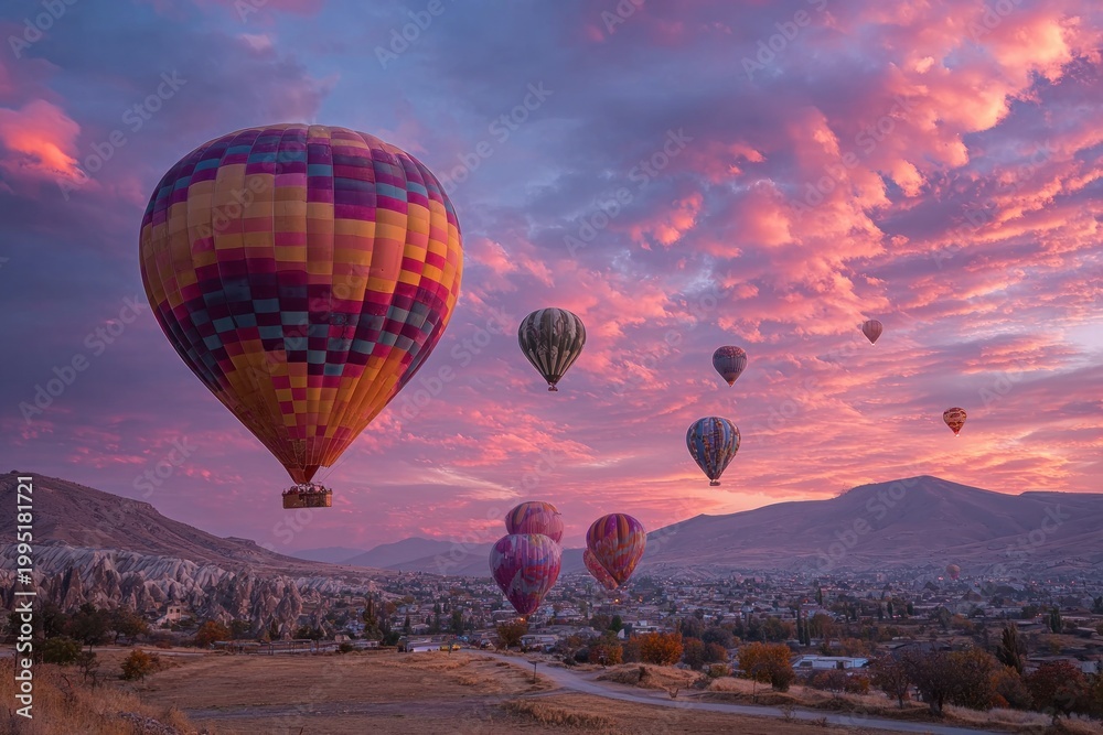 Fototapeta premium Colorful hot air balloons ascend over mountainous landscape at dawn