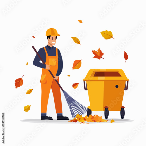 Sanitation Worker in Orange Overalls Sweeping Fallen Autumn Leaves into Yellow Dumpster for Seasonal Yard Cleanup

