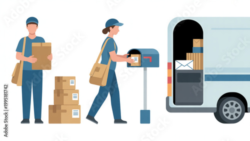 Postal Worker Delivery Flat Illustration Set  Package Handling and Daily Mail Service