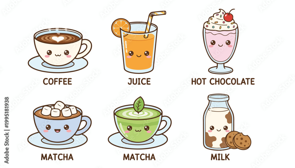 Obraz premium Cute Kawaii Drink Icons Set Vector Illustration