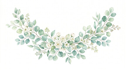 Watercolor eucalyptus garland with white flowers and berries, elegant botanical illustration, floral decoration, isolated design