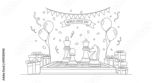 World Chess Day Celebration with Chess Pieces, Gifts, Balloons, and Confetti