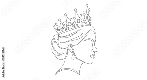 Elegant Queen Profile, Continuous Line Art, Minimalist Crown and Hairstyle
