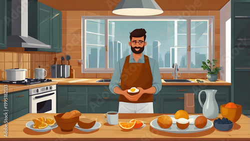 Cheerful individual in a stylish modern kitchen proudly presenting a freshly prepared fried egg, surrounded by an array of healthy breakfast ingredients ready for a wholesome morning meal